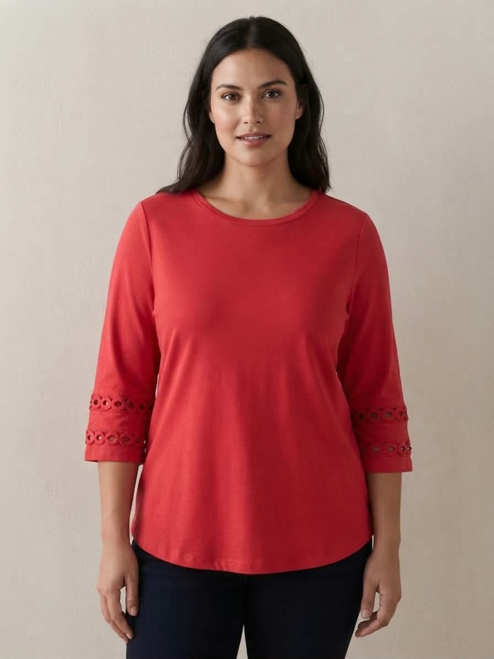 Red 3/4 Sleeve Top Shirt with Cutout Eyelet Detail Size M